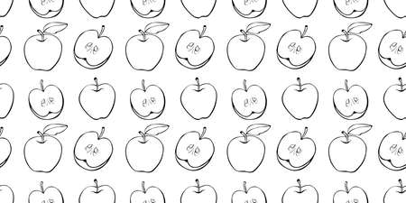 Vector seamless pattern with outline apples in doodle. Fruit background and texture, isolated. For children, school design, harvest, gardening and Thanksgiving themeのイラスト素材