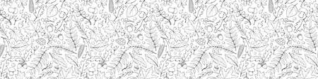 Seamless pattern falling leaves, acorns, berries, mushrooms. Vector autumn texture, isolated, hand drawn in doodle style, black outline. Concept of forest, leaf fall, nature, thanksgivingのイラスト素材