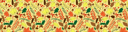 Seamless pattern falling leaves, acorns, berries, mushrooms. Vector color autumn texture, isolated,...