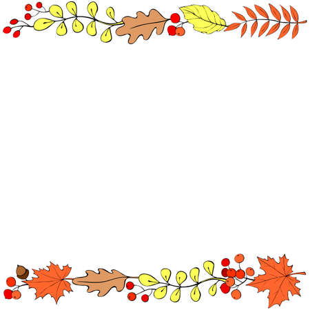 Vector background, frame made of colorful autumn leaves, berries on edges. Horizontal top and bottom edging, border, decoration for seasonal design, thanksgiving theme and happy fallのイラスト素材