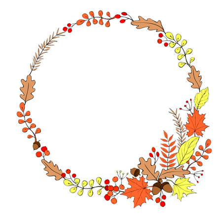 Vector wreath of autumn leaves, twigs, berries, acorns in doodle flat style. colorful illustration. Round frame, border. Theme is forest, happy fall, thanksgivingのイラスト素材