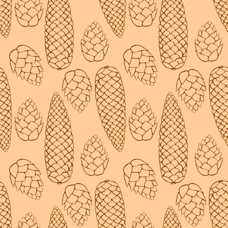 Vector seamless pattern with outline fir spruce pine cones in doodle style. Background, texture on theme of happy fall, nature, forest, christmas, thanksgivingのイラスト素材