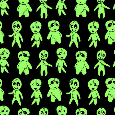 Vector seamless pattern with cute zombies in cartoon style. Outline doodle illustration isolated. Halloween backgrounds and textures. For holiday design, greeting card, wrap, web.のイラスト素材