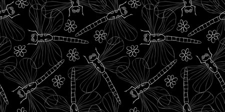 Vector seamless pattern of white outline cute dragonflies and flowers ob black background. Dark texture, textile on theme of nature, spring, summer, isolatedのイラスト素材