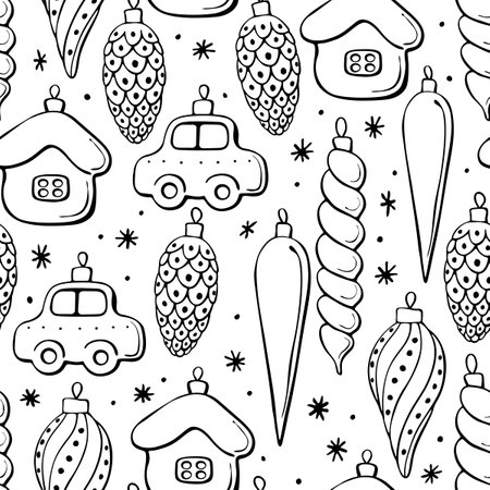 Vector seamless pattern with outline toys, balls, decorations for xmas tree and snowflakes. Christmas and New Year backgrounds and texturesのイラスト素材