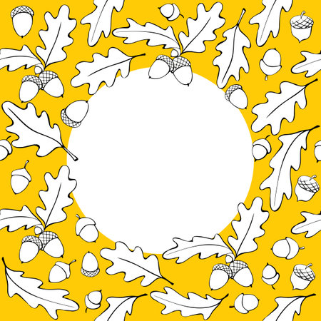 Vector frame of oak leaves and acorns. Background, border in doodle flat style. Themes is happy fall, nature, forest, thanksgivingのイラスト素材