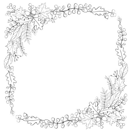 Vector corner elements of outline acorns, leaves, berries in doodle style. Square frame, border, template. Theme of happy fall, forest, thanksgivingのイラスト素材