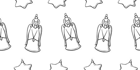 Vector seamless pattern with outline singing angels and stars. Christmas backgrounds and textures. Symbols of the birth of Jesus, the Star of Bethlehem, Christianity, Bible themeのイラスト素材