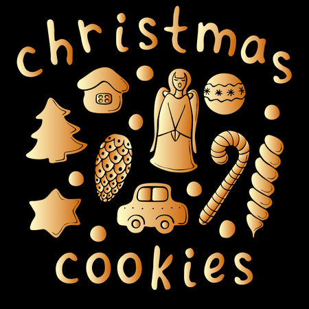 New Year set Christmas cookies, gingerbreads in flat style. Isolated clip arts, elements for decor of winter holidays.のイラスト素材