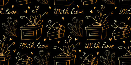 Vector seamless pattern with gift boxes, flowers, hearts and handwritten lettering- with love. holiday background texture. For wrapping paper, greeting card, wedding, birthday, Valentine's Dayのイラスト素材