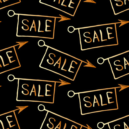 Vector seamless pattern with inscriptions and symbols Sale. Hand drawn background and texture on theme of Black Friday, discounts, promo, commercial and special offers.のイラスト素材