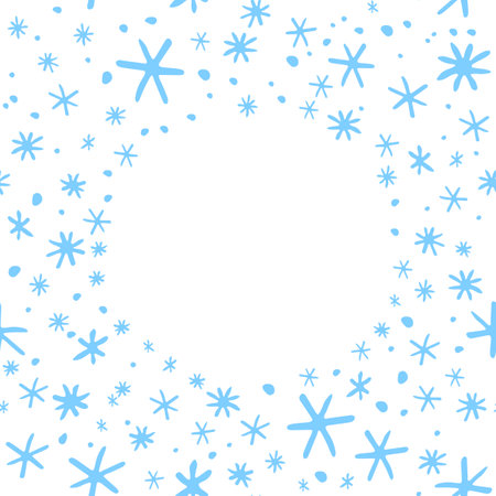 Winter vector frame of simple primitive blue snowflakes. Background, border, template for theme of Snowfall, christmas, new yearのイラスト素材