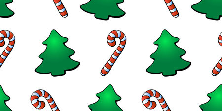 Vector seamless pattern with color candy cane, decorations, xmas tree, in flat style. Festive bright...
