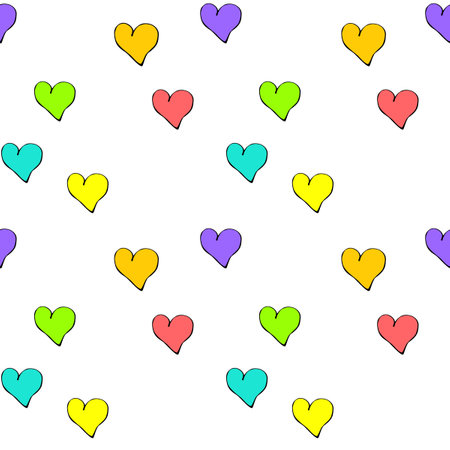 Vector seamless pattern with multicolored hearts in doodle style. Hand-drawn texture for wrapping paper, Valentine's Day, greeting card, Weddingのイラスト素材