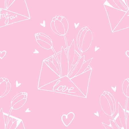 Vector pink Seamless abstract pattern with letters, flowers tulips, hearts. Hand drawn texture, background for wrapping paper, textile, greeting card, Valentine's Dayのイラスト素材