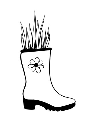 Vector outline rubber rain boots with decorative grass, plant. Cute seasonal spring floral illustration. shoes as vase. Hand drawn design element, clip art in doodle style, isolated.のイラスト素材