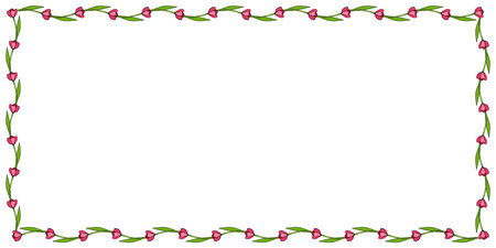 Vector rectangle frame from outline red tulips. Spring flowers. Bright background, border, decoration for greeting card, invitation, Valentine's, Women's or Mother dayのイラスト素材