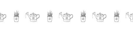Edging, ribbon, border with watering cans, flower pots. Vector outline seamless pattern, ornament, decorative element, decoration on topic of growing and caring for plants for home, gardenのイラスト素材
