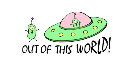 Cartoon cute funny Alien in Flying Saucer, UFO. Out of this world. Simple color vector illustration, icon in flat doodle style. Topic of avoidance, escape from problemsのイラスト素材