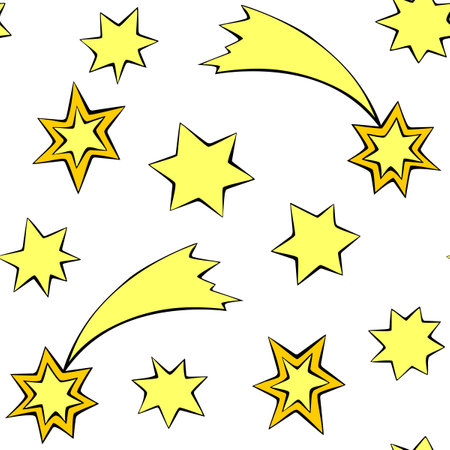 Seamless pattern of yellow stars, comets in doodle flat style. Simple color background and texture on theme of night sky, space, astronomy, kids designのイラスト素材