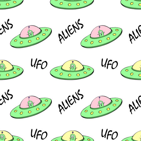 Seamless childish pattern with Flying Saucers, UFO, cute aliens. Vector background and texture for fabric, wrapping, wallpaper, textile, apparel, coverのイラスト素材