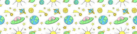 Vector color seamless childish pattern with cute aliens, planets, stars, Flying Saucers, UFO. Funny...