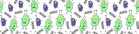 Seamless pattern with funny Aliens, inscriptions in doodle flat style. Humanoids, Martians, insects. Vector cute background, texture on theme of space, UFO, fantastic, kids designのイラスト素材