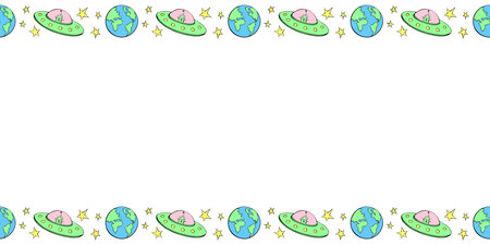 Vector frame from Flying Saucers with cute aliens, the Earth and stars in doodle flat style. Horizontal top and bottom edging, border, decoration on theme of space, fantastic, kids designのイラスト素材