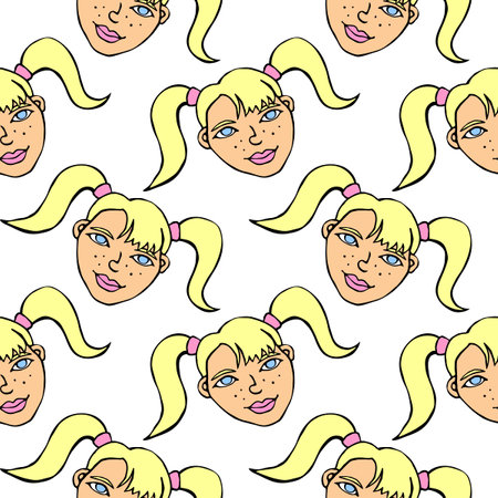 Vector Seamless pattern with cartoon face girl or woman with two ponytails. Hand drawn heads of kids people in doodle style. Childish, girlish fun cute texture backdrop.のイラスト素材