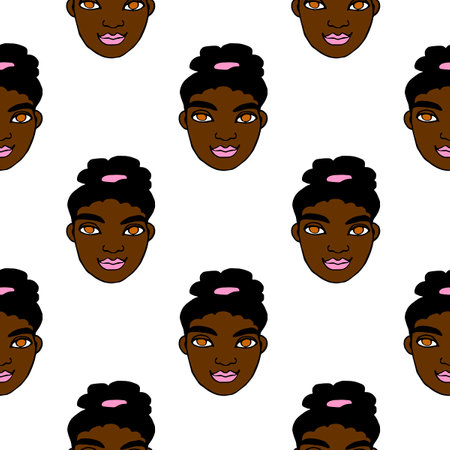 Vector Seamless pattern with cartoon face girl or woman. Hand drawn heads of kids people in doodle style. Childish, girlish fun cute texture backdrop.のイラスト素材