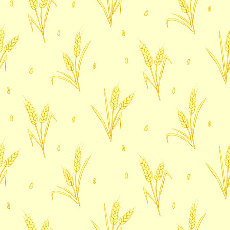 Wheat golden spikelets and grains, vector yellow seamless pattern in flat style, isolated. Design of print, wrapping paper, packaging on theme of bakery products, flour, harvest, thanksgivingのイラスト素材