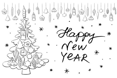 Template for winter holidays greeting card, coloring page in doodle style. Vector contour Christmas tree decorated with xmas balls, glass toys, decorations. Lettering Happy New Yearのイラスト素材