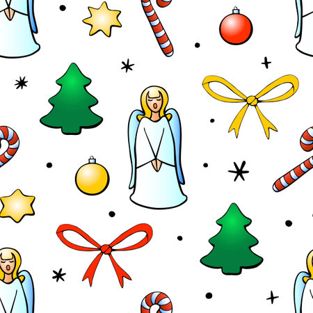 Vector seamless pattern of festive symbols - figures of Christmas trees, singing angels, candy canes, stars, xmas balls in doodle flat style. Bright xmas background and textureのイラスト素材