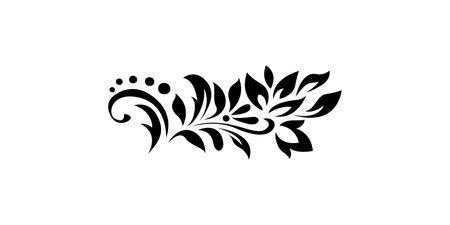 Abstract pattern, decorative element, clip art with stylized leaves, flowers and curls in black lines on white background. Vintage ornateのイラスト素材