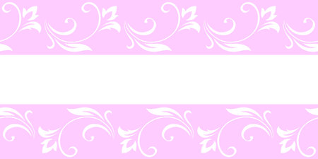 Vintage delicate frame, border of stylized leaves, flowers and curls in white lines on pink background. Horizontal top and bottom edging, decoration. Vector backdrop, wallpaperのイラスト素材