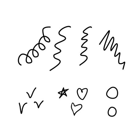 Hand drawn doodle line elements, star, hearts, check marks. Vector scribble illustrationのイラスト素材