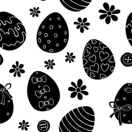 Vector seamless pattern with black Easter eggs, flowers. Spring hand drawn holiday tradition backgrounds and textures with decorative elementsのイラスト素材