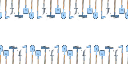 Vector frame of color garden tools: shovel, hoe, rake, pitchfork. Working equipment. Horizontal upper and lower edging, border, divider on gardening, farming, agricultureのイラスト素材
