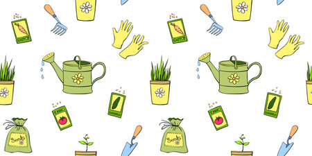 Vector seamless pattern with watering cans, bags with seeds vegetables, pots with plant sprout, seedlings. Outline color texture in doodle style on topic of gardening, farming, agricultureのイラスト素材