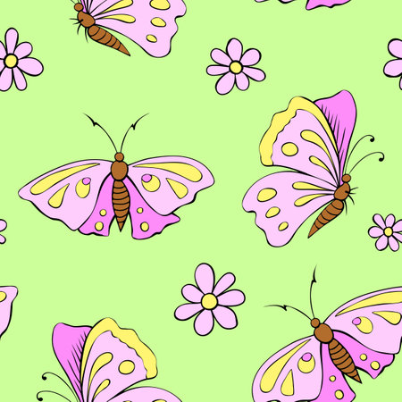 Vector seamless pattern of cute pink butterflies and flowers in doodle flat style. Glade, forest edge. Background and texture on theme of nature, spring, summer, children print, isolatedのイラスト素材