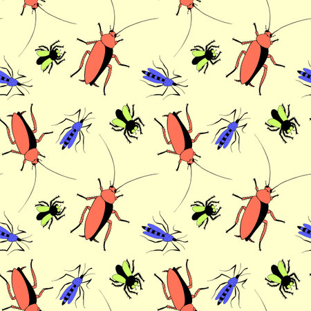 Vector seamless pattern of insect pests - oriental cockroaches, flies, mosquitoes. Bright background and pest control texture.のイラスト素材