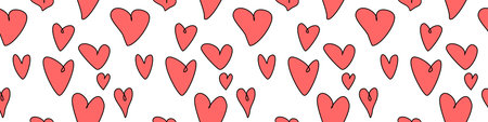 Seamless abstract pattern of different red contour hearts. Hand drawn doodle background, texture for...