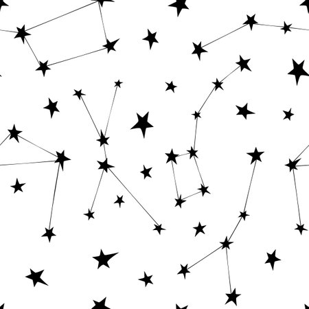 Vector seamless pattern of black different constellations on white background. Astronomy, space texture, design. Star chart, mapのイラスト素材