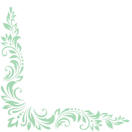 Abstract pattern, decorative element, clip art with stylized leaves, flowers and curls in light green lines on white background. Corner vintage ornament, border, frameのイラスト素材