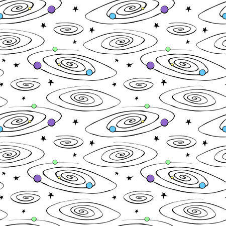 Vector seamless pattern with Galaxy, Black hole, solar system in flat style. Universe, outer space. Print on theme of astronomy, cosmosのイラスト素材