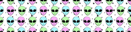 Seamless pattern with Aliens heads in doodle flat style. Humanoids, visitors, Martians. Vector...