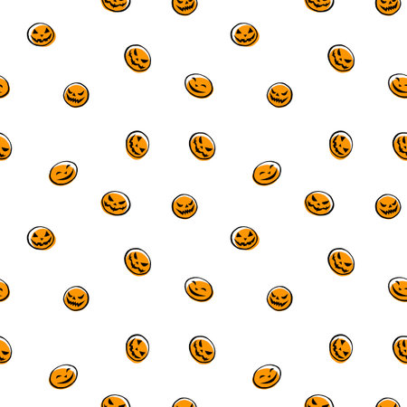Seamless angry polka dot pattern. Cute stylized Halloween pumpkins, Jack o Lanterns. For wrapping paper, holiday decor, textilesのイラスト素材