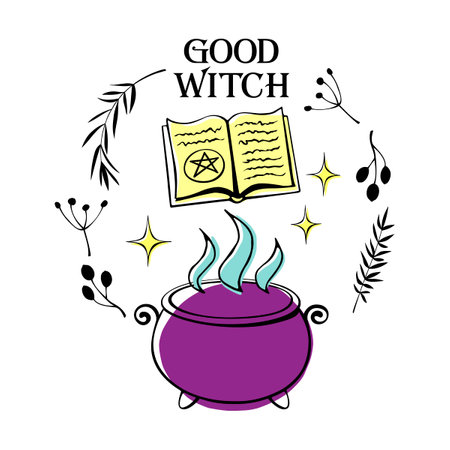 A witch's potion. Set of elements, ingredients for making a magical brew. Good Witch - lettering. Halloween theme and female powerのイラスト素材