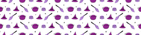 Halloween seamless pattern with good witch symbols - witch hat, broom and cauldron. Power girls...