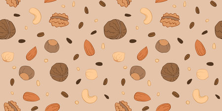 Nut seamless pattern with line icons. Vector background of dry nuts and seeds - almond, cashew, hazelnut, walnut, . Food background.のイラスト素材